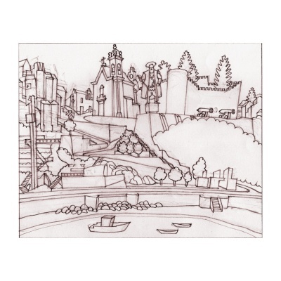 Desenho a lápis de paisagem urbana com edifícios, estátua, árvores, canhões e barcos