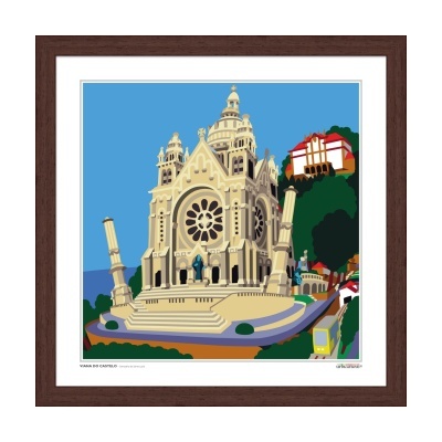 Gravura artística de edifício monumental com vitral circular e céu azul