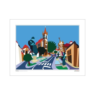 Poster colorido de uma rua com estátuas, árvores, edifícios e igreja com torre