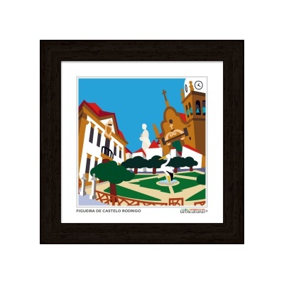 Ilustração colorida de Figueira de Castelo Rodrigo em quadro com moldura preta
