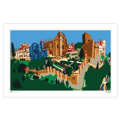 Ilustração gráfica colorida de castelo com muralhas e edifícios