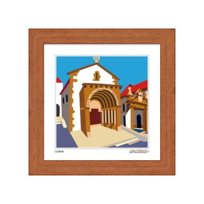 Quadro com moldura em madeira e ilustração colorida de edifício histórico com arco