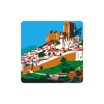 Íman colorido com ilustração de um castelo e vila com casas brancas e telhados vermelhos