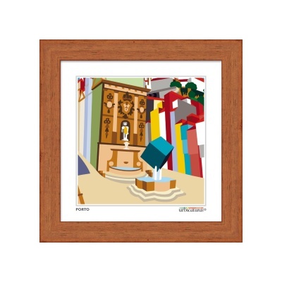 Ilustração digital de fonte com cubo azul e parede colorida em moldura de madeira