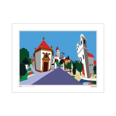 Arte digital colorida de edifícios históricos com telhados vermelhos e torre inclinada branca