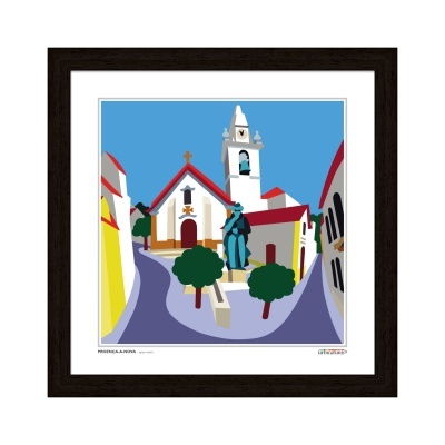 Quadro estilizado de igreja branca com telhado vermelho e estátua azul