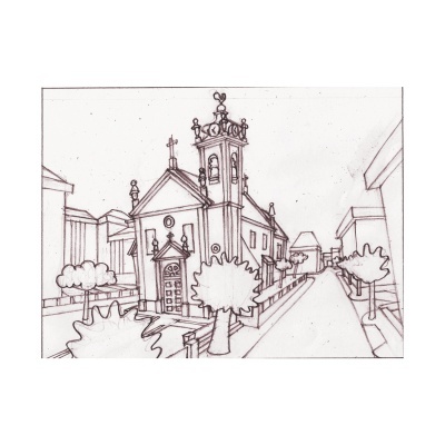 Desenho a lápis de uma igreja numa rua urbana com árvores e edifícios modernos
