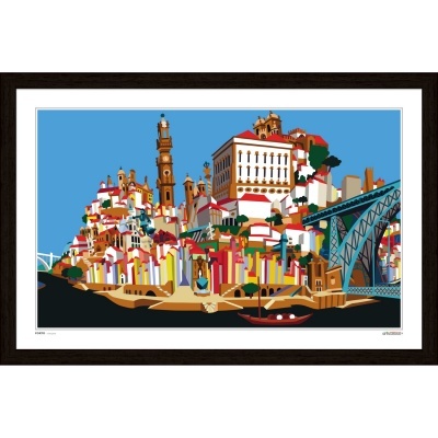Ilustração colorida de cidade com edifícios, torre, barco e ponte num quadro com moldura preta.