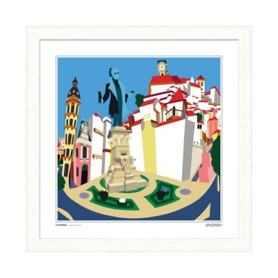 Ilustração colorida estilizada da praça em Coimbra com estátua e edifícios brancos com telhados vermelhos.