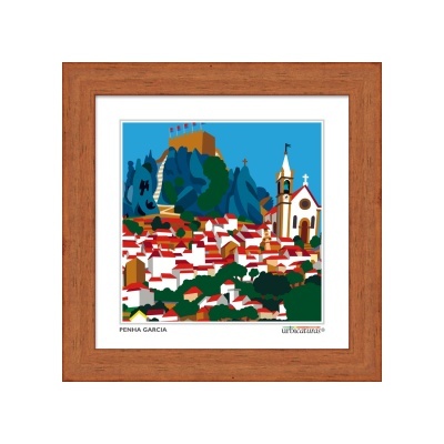 Quadro ilustrativo colorido da vila Penha Garcia com moldura de madeira