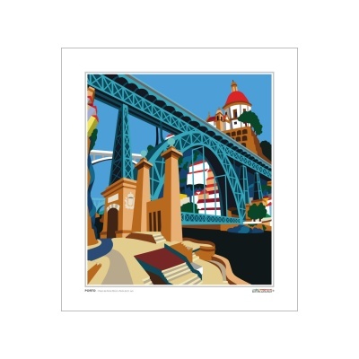 Ilustração colorida de ponte azul metálica e edifícios históricos emoldurada