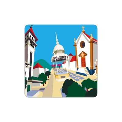 Ilustração digital de Praça com igreja, quiosque e árvores