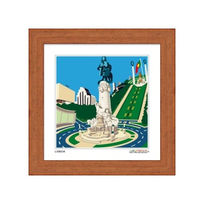 Ilustração de praça com monumento e bandeiras coloridas em moldura de madeira
