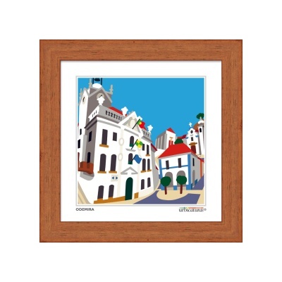 Ilustração colorida de edifícios em quadro com moldura de madeira