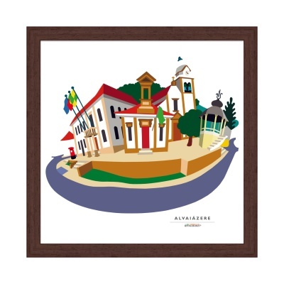 Ilustração digital de edifícios em Alvaiázere em moldura castanha.