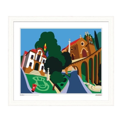 Quadro com ilustração colorida de paisagem urbana com edifícios, árvores e estrada