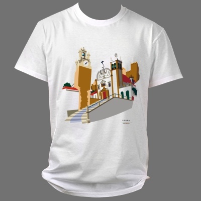 T-shirt branca com estampa de edifícios históricos coloridos