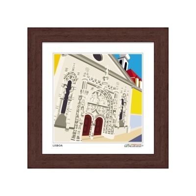 Gravura colorida de fachada arquitetónica com moldura de madeira escura