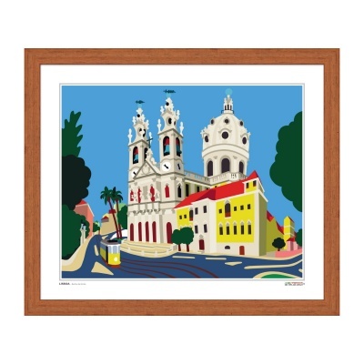 Ilustração colorida de edifício histórico com torre e elétrico