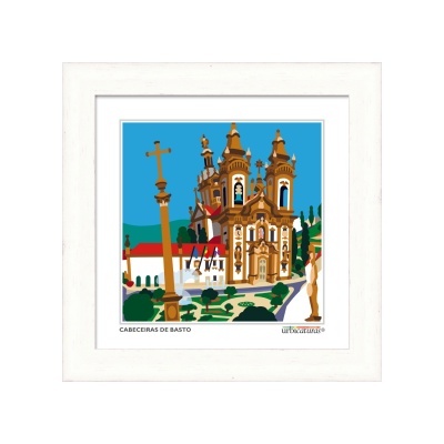 Ilustração de edifício histórico com cruz e torres em moldura branca