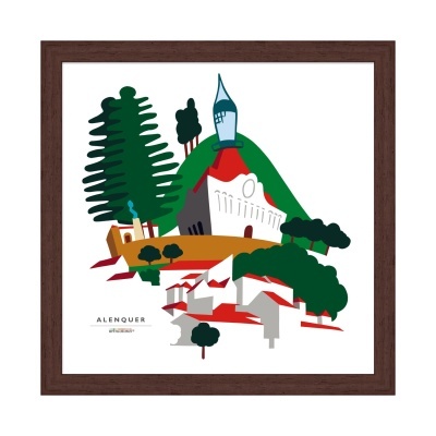 Quadro decorativo com ilustração abstrata de vila e torre