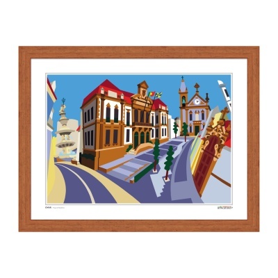 Gravura colorida de edifícios históricos em moldura de madeira castanha