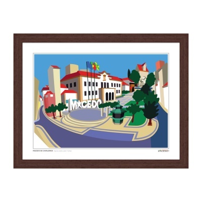 Quadro colorido de edifício com a palavra MACEDO e moldura de madeira