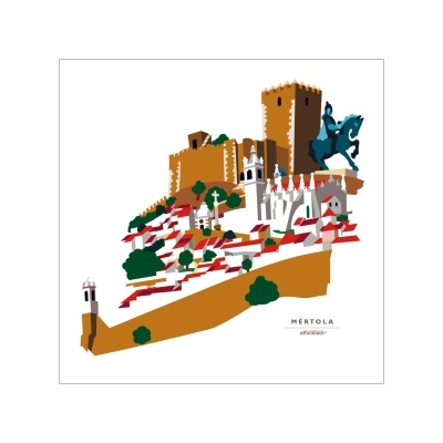 Ilustração colorida de Mértola com castelo e estátua