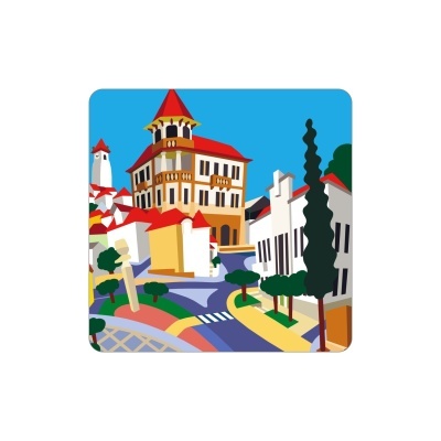 Ilustração de edifícios coloridos com árvores sob céu azul