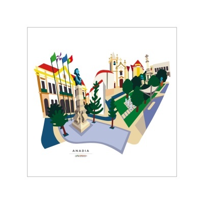Ilustração colorida e estilizada de Anadia com edifícios, estátuas e bandeiras