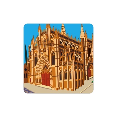 Ilustração de uma catedral gótica detalhada com portas vermelhas e torres pontiagudas