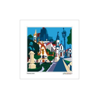 Impressão artística colorida da vila de Trancoso com texto na base