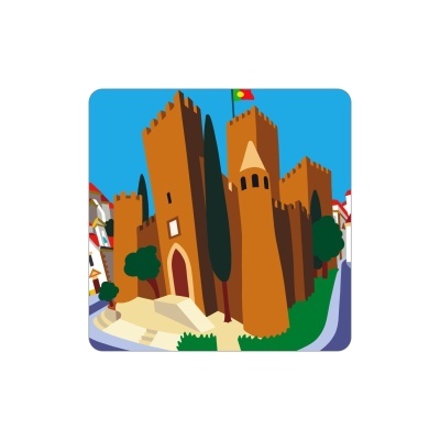 Ilustração de castelo castanho com torres e árvores em ambiente urbano