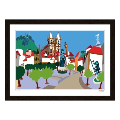 Ilustração colorida de praça com igreja, estátuas, árvores e casas com telhados vermelhos.