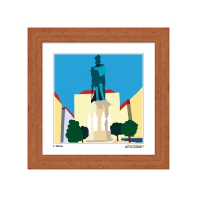 Quadro emoldurado com gravura colorida de estátua em Lisboa