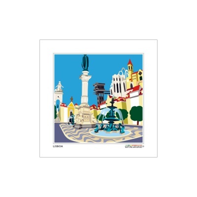 Ilustração gráfica de uma praça em Lisboa com fonte azul e monumento