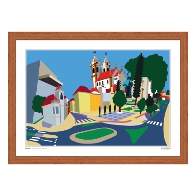 Quadro com ilustração colorida de paisagem urbana e moldura de madeira castanha