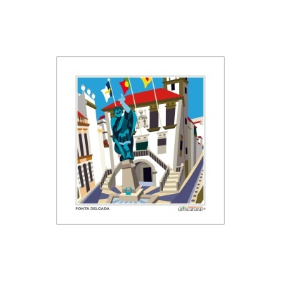 Imagem estilizada da Praça em Ponta Delgada com estátua azul e edifícios brancos com telhado vermelho