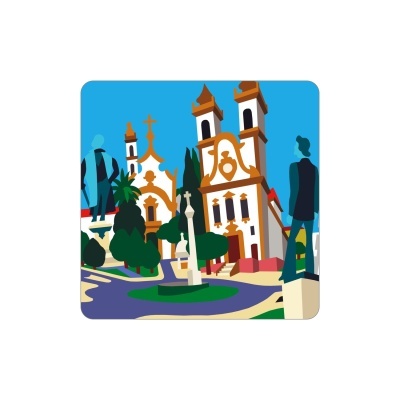 Ilustração colorida de uma praça com igreja e estátuas