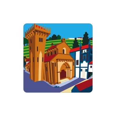 Ilustração colorida de torre, igreja e edifícios em paisagem urbana