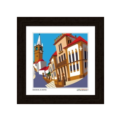 Imagem digital de edifícios históricos e torre de igreja com relógio em Idanha-a-Nova