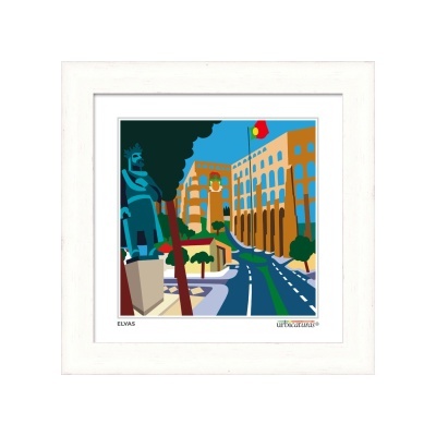 Imagem digital colorida emoldurada com estátua azul e edifícios