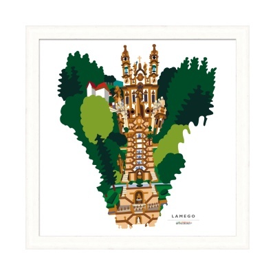 Arte emoldurada da escadaria do Santuário de Nossa Senhora dos Remédios em Lamego com árvores e fundo branco