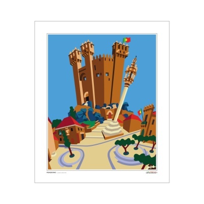 Ilustração colorida de torre de castelo com bandeira de Portugal e casas ao redor