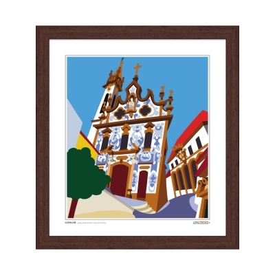 Quadro decorativo com ilustração de igreja portuguesa e arquitetura adjacente