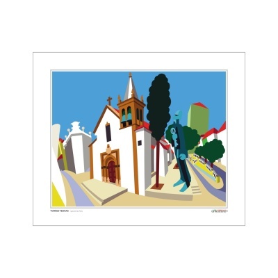 Ilustração colorida de cenário urbano com igreja, árvores e escultura azul