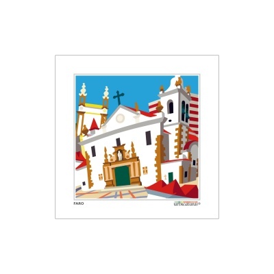 Ilustração colorida de igreja de Faro com cruz preta no topo