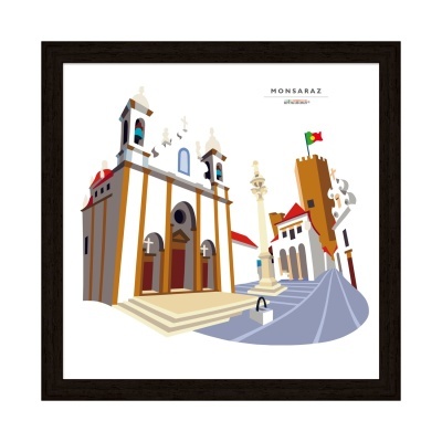 Desenho gráfico da praça histórica de Monsaraz com igreja, torre e bandeira portuguesa em moldura preta