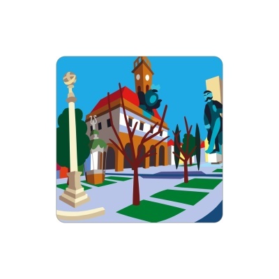 Ilustração de praça com árvores, estátua e edifício sob céu azul