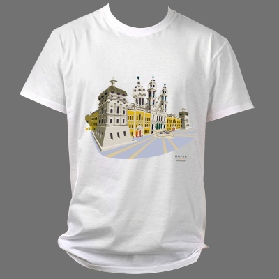 T-shirt branca com desenho colorido de edifícios históricos de Barcelona